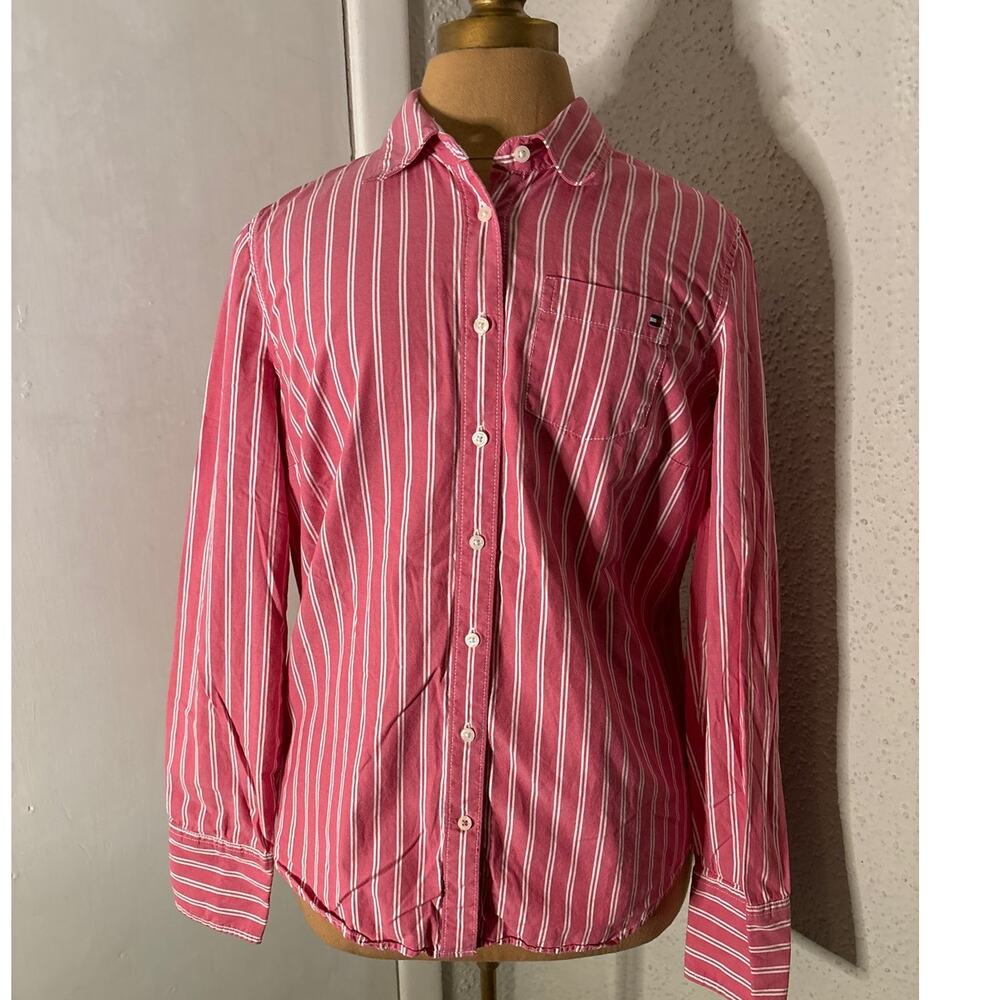 Tommy Hilfiger Red/White Striped Button Down Shirt M Classic Preppy Cherrygirl